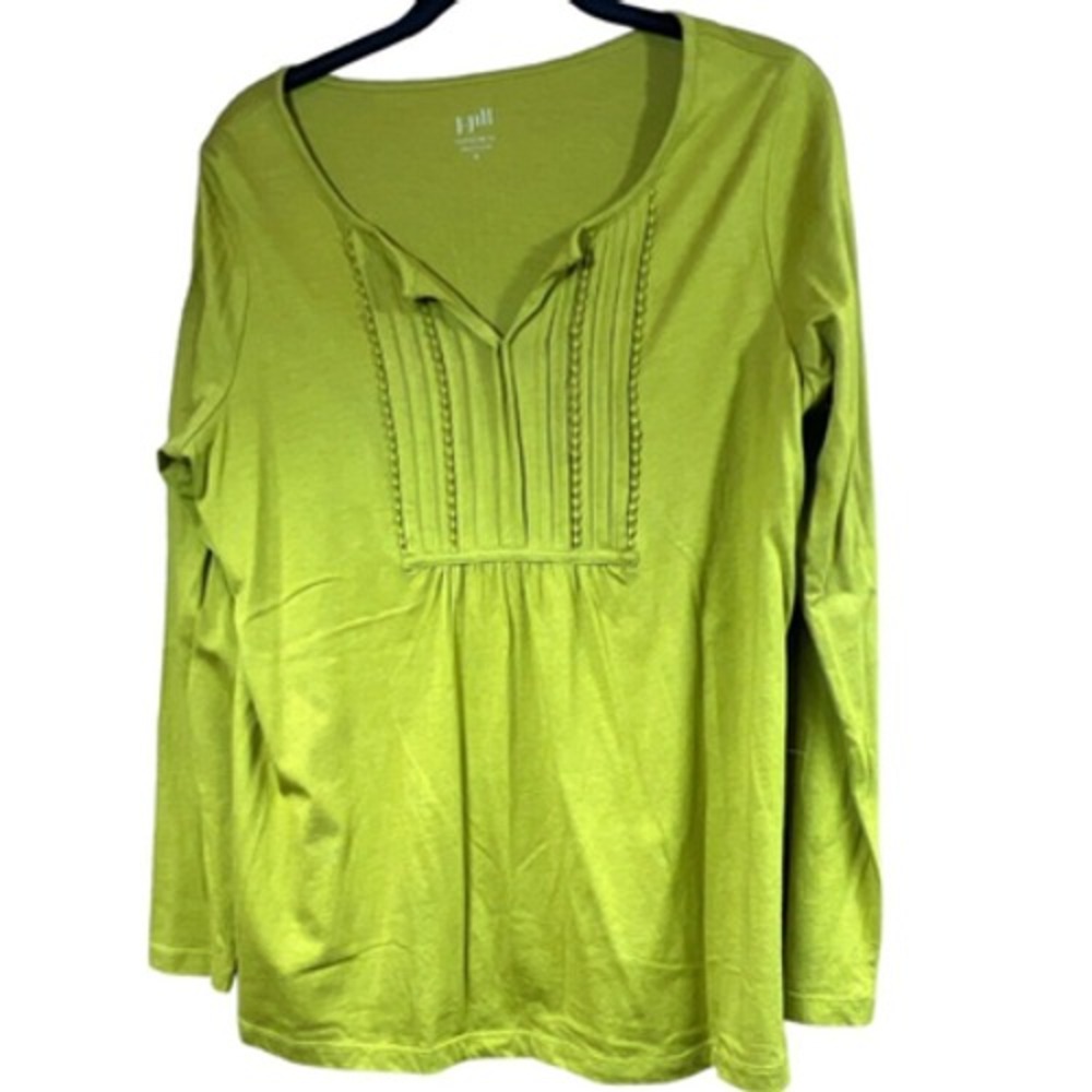 J. Jill Women's Medium Long Sleeve Pleated Bib Tee Green Lightweight Top‎